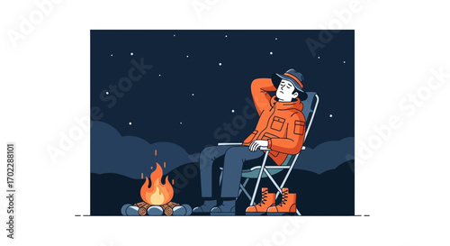 Illustration of a person relaxing around a campfire under the starry night sky