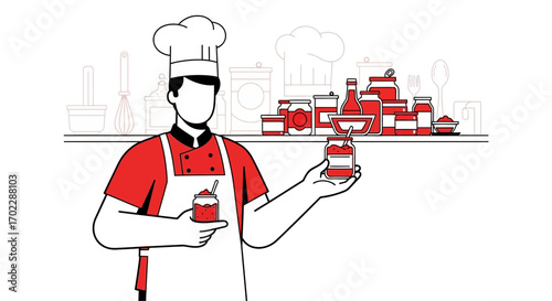 Illustration of a chef holding jars of food with kitchen elements in the background