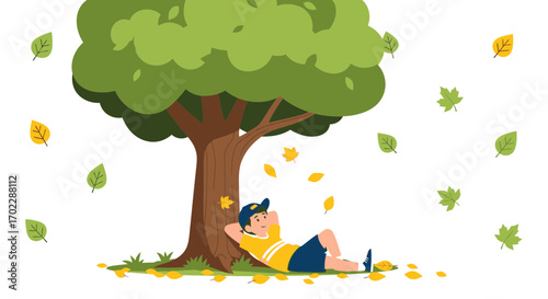 Illustration of a person relaxing under the shade of a tree with falling leaves