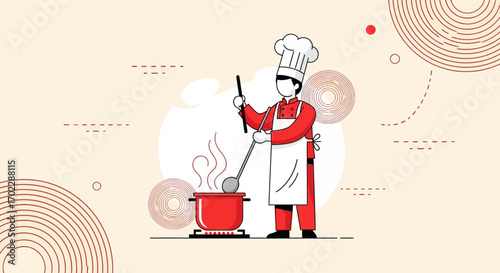 Illustration of a chef in red uniform cooking in a pot, vector design concept.