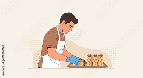 Illustration of a chef preparing and arranging delicious shawarma in a tray for serving