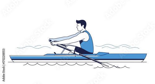 Illustration of a Person Rowing a Boat on Water, Isolated on White Background