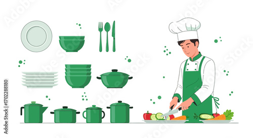 Illustration of a chef preparing food in a kitchen with various dishes and utensils