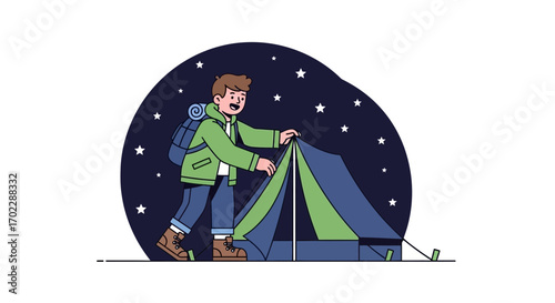 Illustration of a person setting up a tent under a starry sky at night