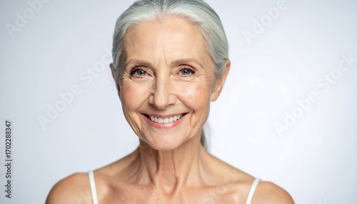 A close-up portrait shows a smiling, older woman with silver hair and a white top, radiating warmth and happiness