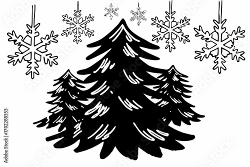 Falling snow on pine tree