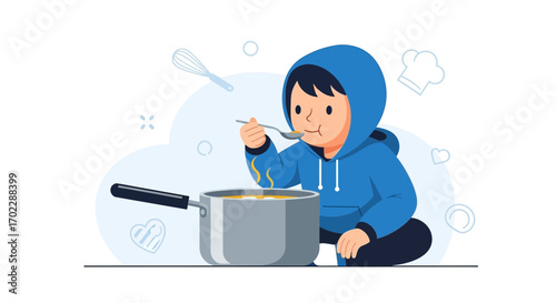 Illustration of a person sampling soup from a pot, showing a cooking and lifestyle theme
