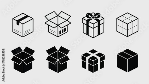 Eight minimalist vector illustrations of boxes and gifts present package