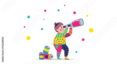 Illustration of a Child Looking Through a Telescope Next to Cans and Floating Dots