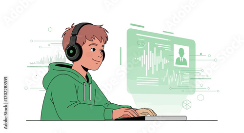 Illustration of a person using headphones on a computer with a sound wave and interface