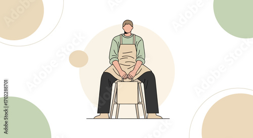 Illustration of a person wearing an apron sitting on a stool holding a bag