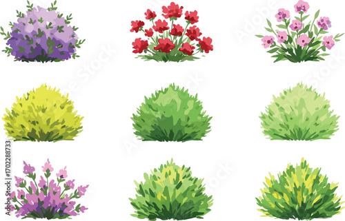 Illustration of diverse colorful flowering bushes and green leafy shrubs, arranged in a neat grid on a white background.