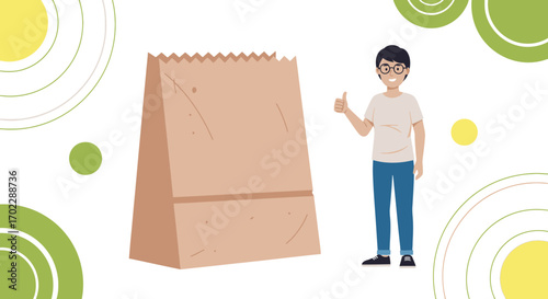 Illustration of a person with a thumbs-up gesture next to a paper bag