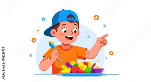Illustration of a child with a plate of food and a spoon, pointing to something