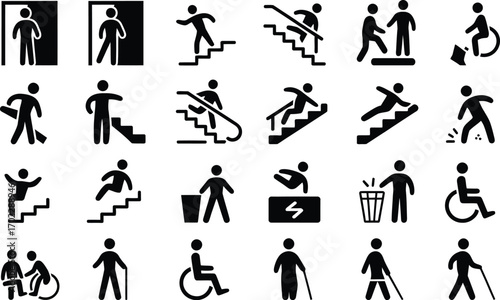 Icon set of people walking stairs accessible design and mobility assistance symbols