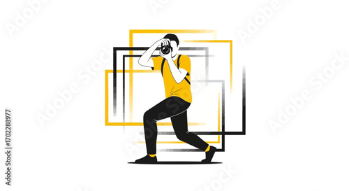 Illustration of a Photographer Taking a Picture in a Dynamic Pose with Frames