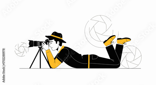 Illustration of a photographer taking photos with a camera with aperture graphics