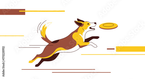Illustration of a playful dog jumping to catch the frisbee on a white background