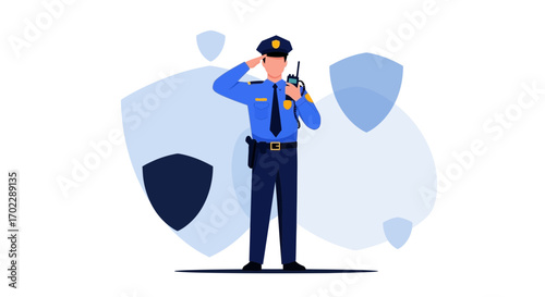 Illustration of a Police Officer with a Radio, Saluting, and Security Shields in Background.