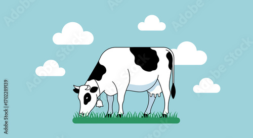 Illustration of a Cow Grazing on Green Grass with Clouds in a Blue Sky