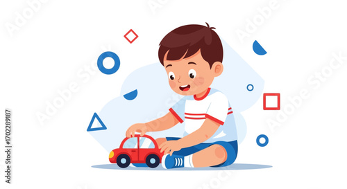 Illustration of a cute boy playing with a toy car in a colorful art style