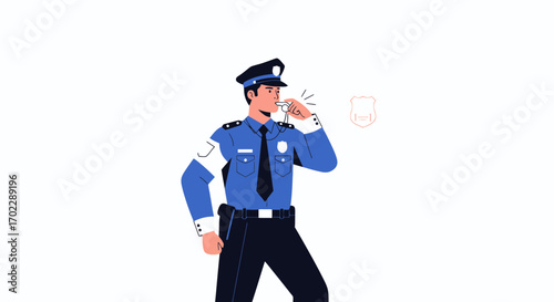 Illustration of a police officer in uniform blowing a whistle vector character design