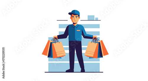 Illustration of a delivery man carrying shopping bags in front of a building