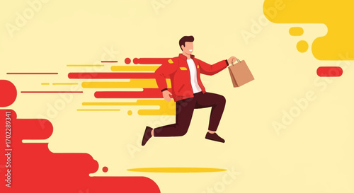 Illustration of a delivery man carrying a shopping bag rushing to deliver the package