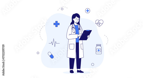 Illustration of a doctor holding a clipboard and medical symbols around her in a clean style