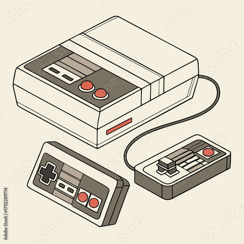 Retro video game console with multiple cartridge slots and a classic controller perfect for nostalgia themed designs and gaming history