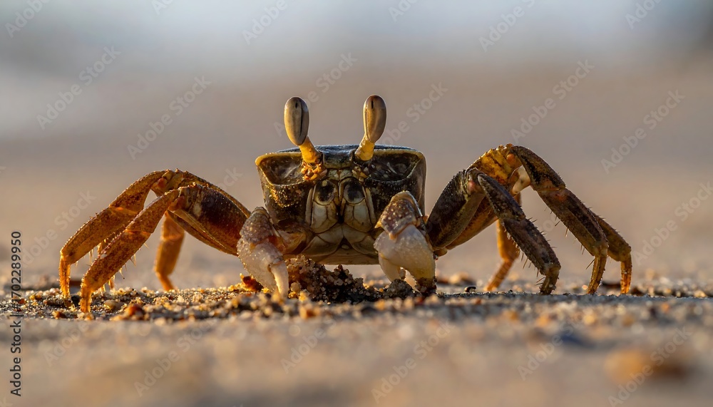 Fototapeta premium A close-up shot of a crab on a sandy beach, lit by warm sunlight, with detailed textures
