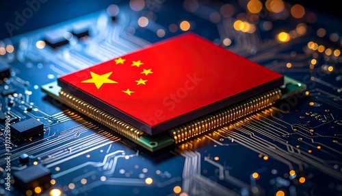 A close-up shot of a CPU with the Chinese flag superimposed on top. Electronic components glow with a blue and yellow sheen