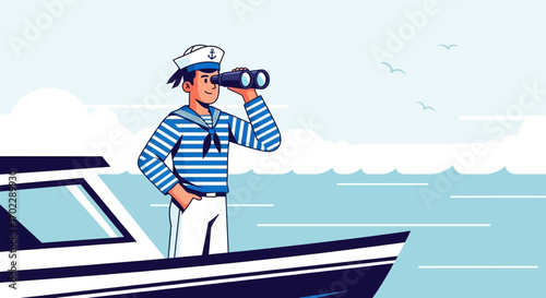Illustration of a sailor looking through binoculars on a boat in the sea