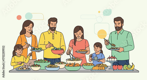 Illustration of a family serving themselves food at a buffet table in a restaurant