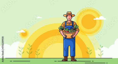 Illustration of a farmer carrying a basket of fresh vegetables with a sunny background