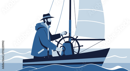 Illustration of a Sailor Navigating a Boat on the Sea, Under Sail in the Ocean