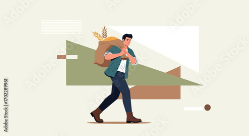 Illustration of a farmer carrying a sack of grain, harvest season concept design
