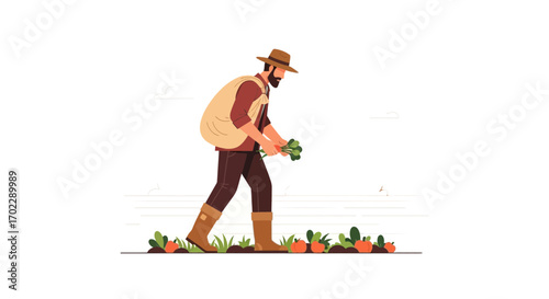 Illustration of a farmer harvesting vegetables from the field on a beautiful sunny day
