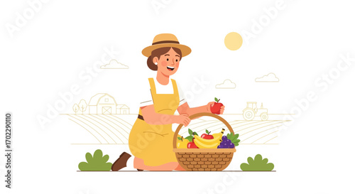 Illustration of a farmer with a basket of fruits in the field harvesting for the season