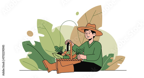 Illustration of a farmer with a basket of vegetables and leafy green background