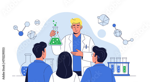 Illustration of a scientist in a lab demonstrating an experiment to students for education