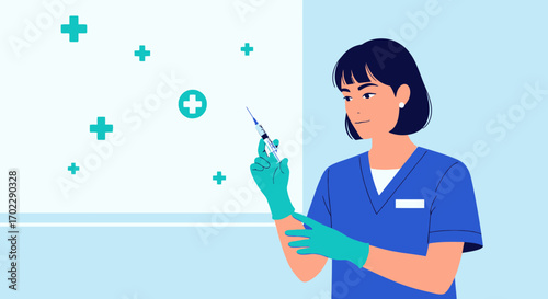 Illustration of a female nurse preparing a syringe for vaccination in a medical setting