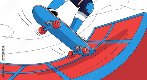 Illustration of a skateboarder performing a trick on a ramp in artistic style