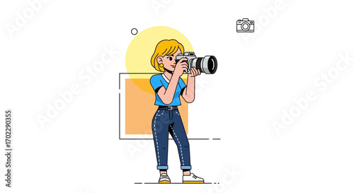 Illustration of a female photographer capturing a moment with camera in hand