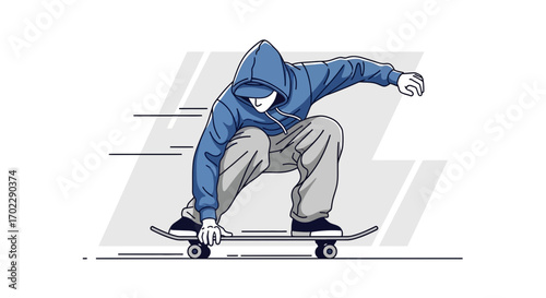 Illustration of a skateboarder performing a trick, vector design against a white background
