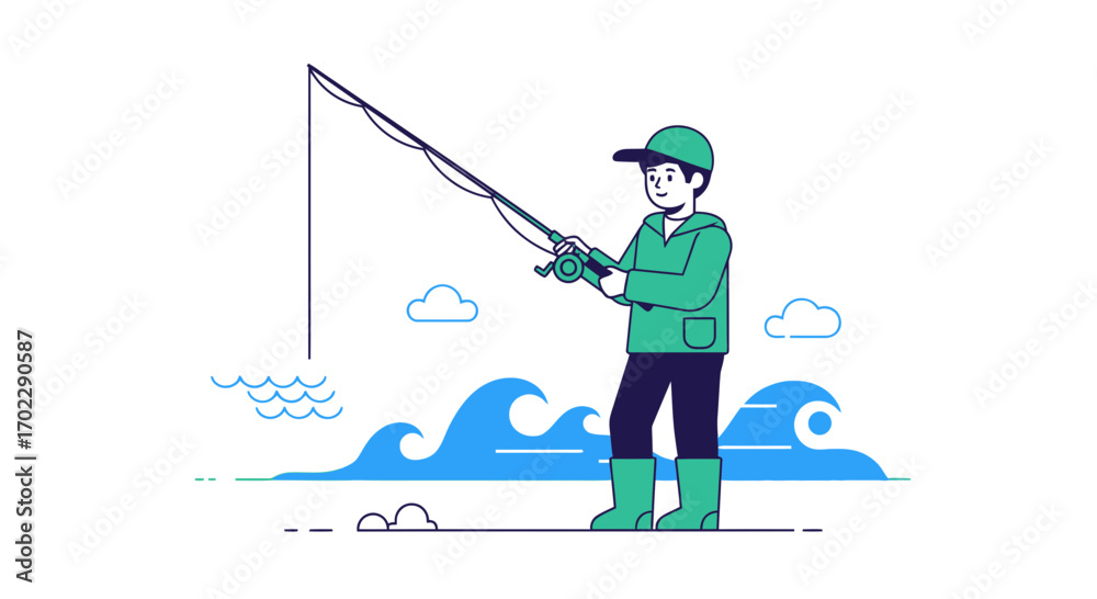 Obraz premium Illustration of a fisherman fishing with a rod and reel near the sea minimalist design
