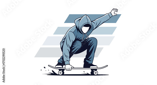 Illustration of a skater in a hoodie doing a trick with a skateboard