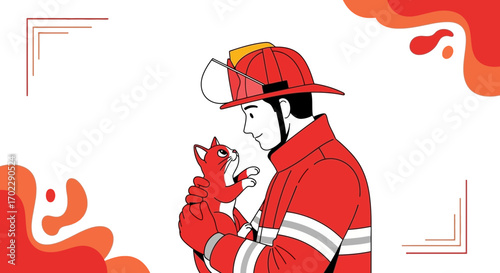 Illustration of a firefighter holding a cat in his arms, rescue concept