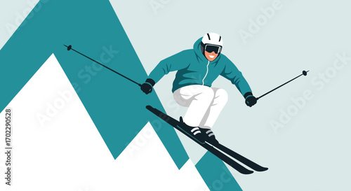 Illustration of a Skier Going Downhill in Snowy Mountains Isolated Against a Background