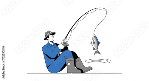 Illustration of a fisherman catching a fish with a fishing rod and reel in minimalist style